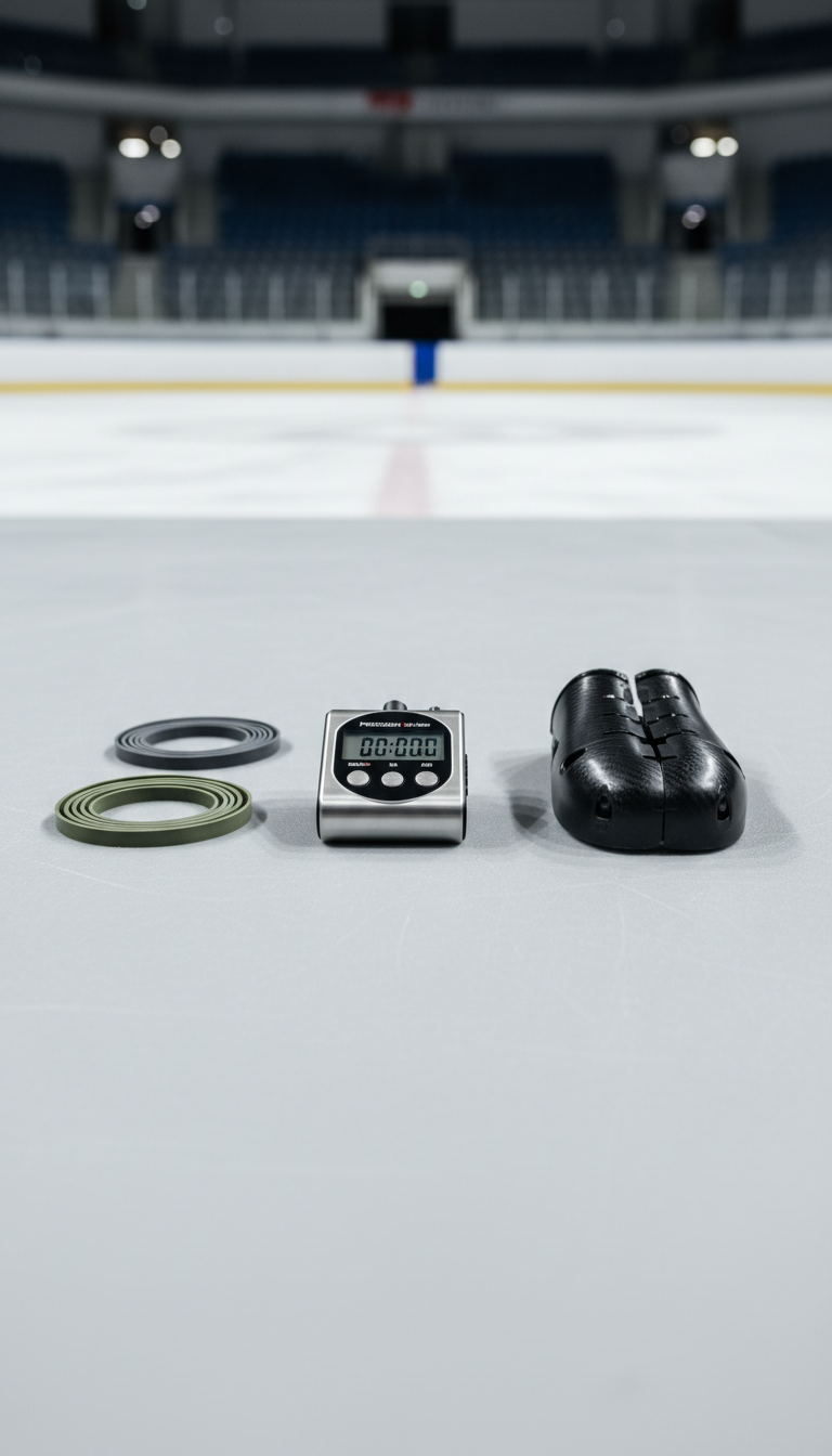An arrangement of assorted high-quality figure skating training equipment – including a precision timer, resistance bands in muted colors, and a sleek black skate guard – laid out methodically on a pristine, light grey practice mat. The surface reflects faint ambient light from overhead fixtures, creating subtle highlights and structured shadows. The surrounding arena background appears softly blurred, maintaining a focused, professional, and organized atmosphere. Shot from a top-down, slightly off-center angle, the image employs a minimalist, photographic style with balanced composition, mirroring the site’s clean and corporate identity while highlighting the resources available to club members.