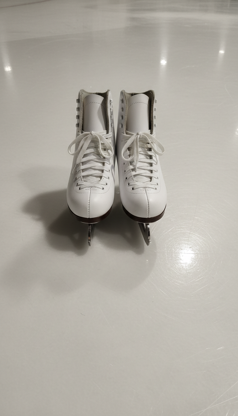A pair of freshly sharpened figure skates with gleaming stainless steel blades and flawless white leather boots, resting neatly on a smooth, neutral-toned synthetic ice surface. The clean lines of the skates contrast subtly with the soft matte texture of the rink, accentuated by gentle overhead arena lighting that casts crisp, controlled shadows and subtle highlights. The image is framed from a slightly elevated, centered perspective, emphasizing the professional, structured layout. The composition is balanced and minimalist, with no distractions in the background, conveying an atmosphere of calm readiness and professionalism. Photographic realism underscores the clean, corporate aesthetic, ideal for a figure skating club’s business website.